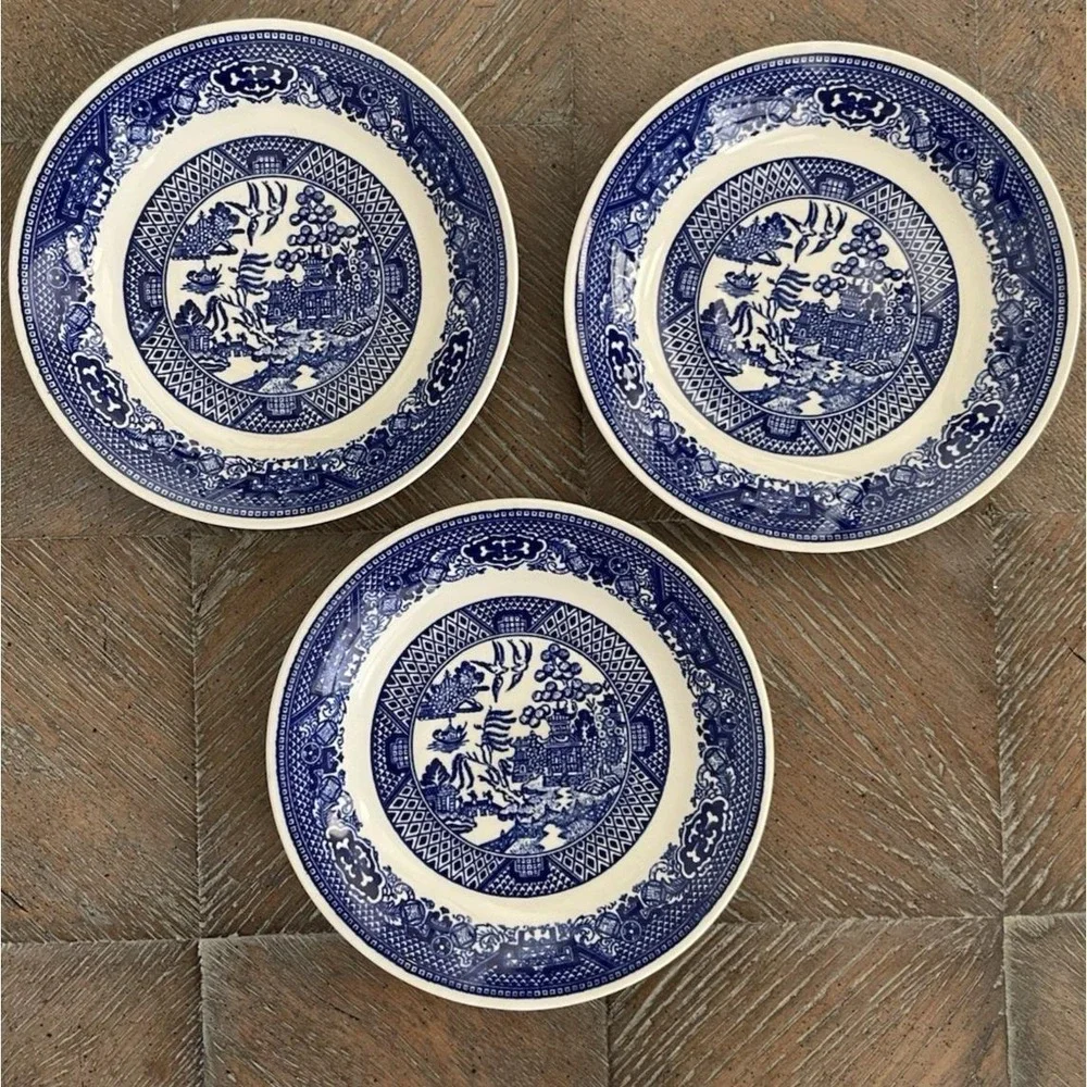Vtg Willow Ware Blue Willow Transferware 3 Dessert Plates/Saucers 6